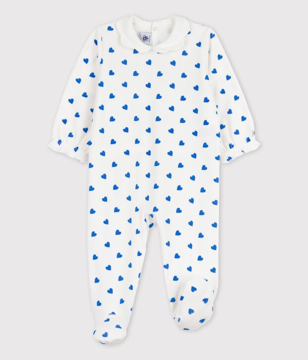 Pelele con corazoncitos azules de terciopelo de beb&eacute; blanco/azul