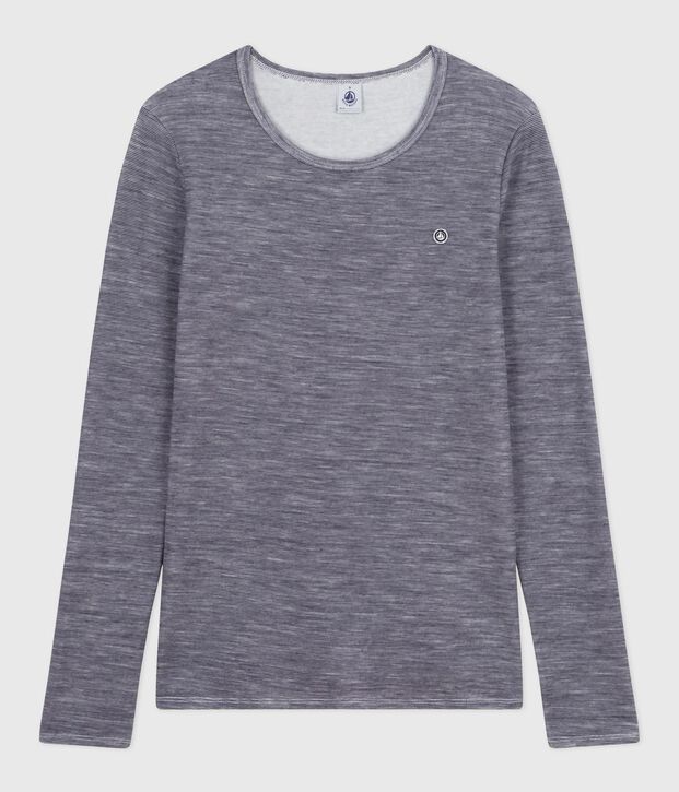 Camiseta de manga larga de lana y algod&oacute;n a rayas para mujer azul/blanco