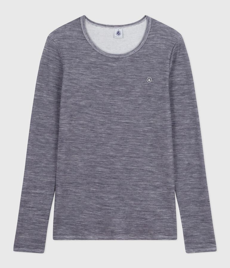 Camiseta de manga larga de lana y algod&oacute;n a rayas para mujer azul/blanco