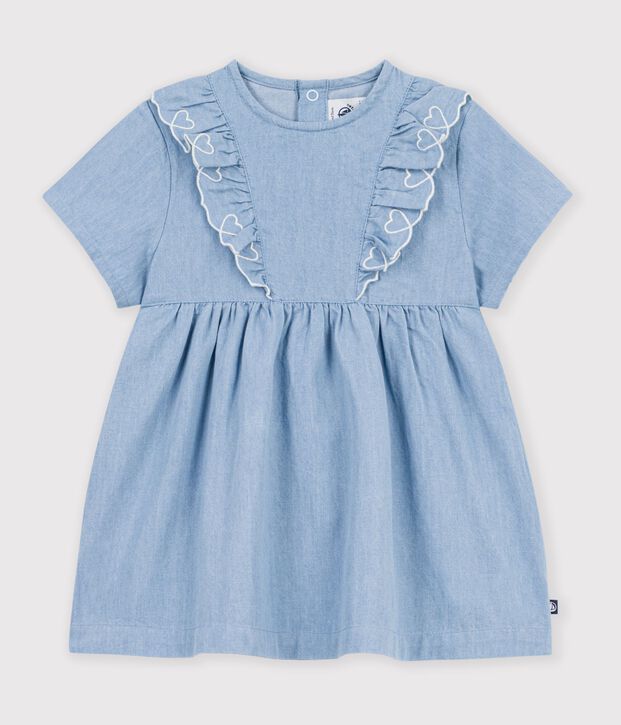Vestido de beb&eacute; de chambray de manga corta bordado con corazones. azul