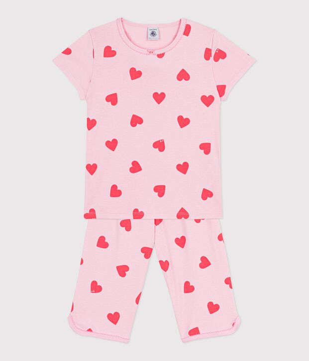 Pijama pirata infantil de algod&oacute;n con estampado de corazones rosa/naranja