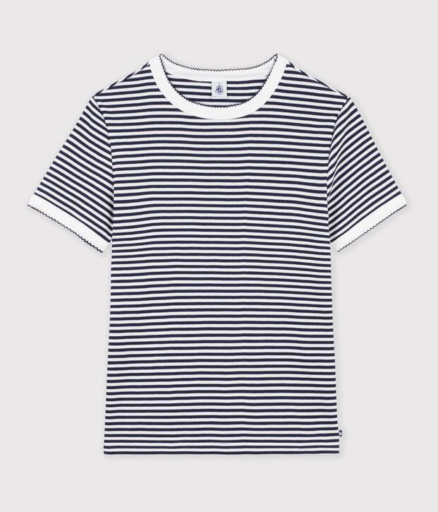 Camiseta de algod&oacute;n de manga corta a rayas para mujer azul/blanco