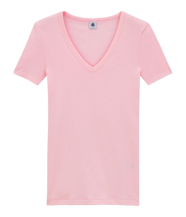 Camiseta con cuello en pico, de punto original, para mujer rosa