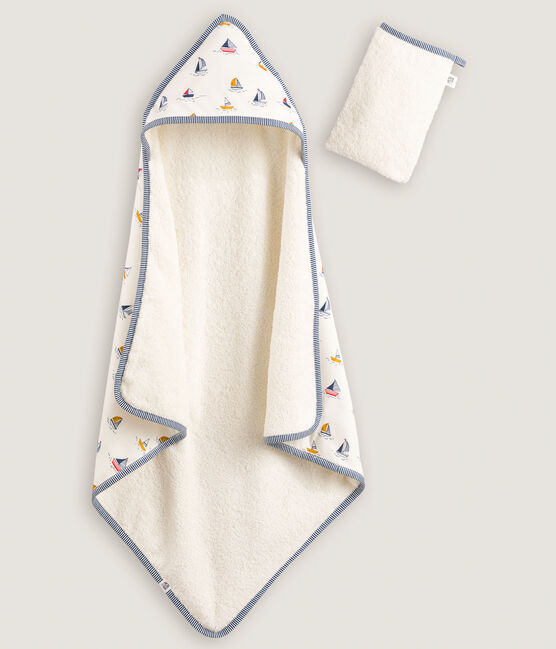 Toalla de baño y manopla para bebé con estampado marino blanco MARSHMALLOW/azul MEDIEVAL/ MULTICO