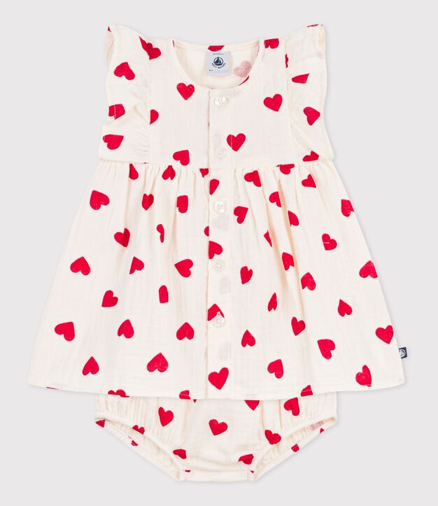 Vestido de algod&oacute;n y pololo con estampado de corazones para beb&eacute; rojo/rojo