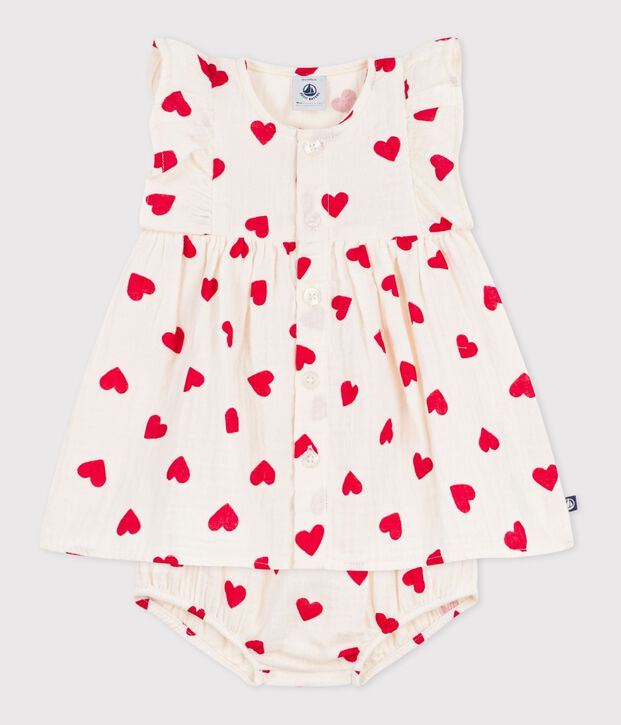 Vestido de algod&oacute;n y pololo con estampado de corazones para beb&eacute; rojo/rojo