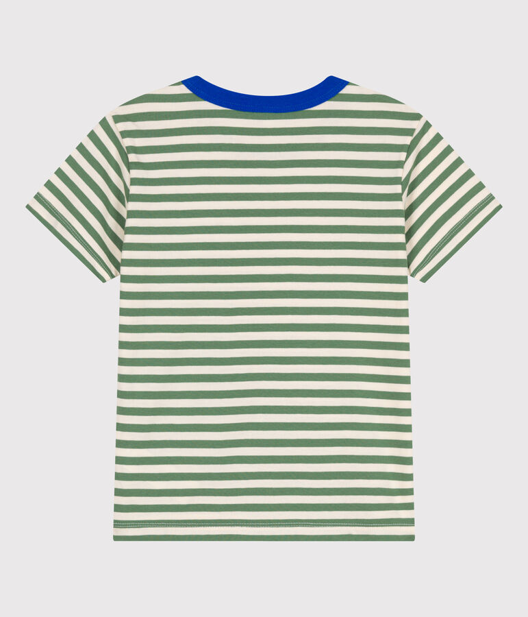 Camiseta infantil de manga corta de algod&oacute;n con rayas verde/crudo