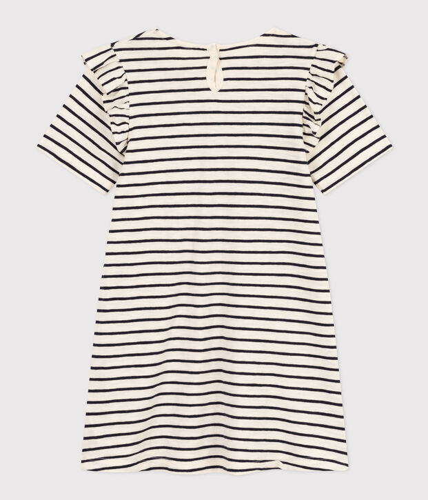 Vestido de manga corta de algod&oacute;n a rayas para ni&ntilde;a crudo/azul
