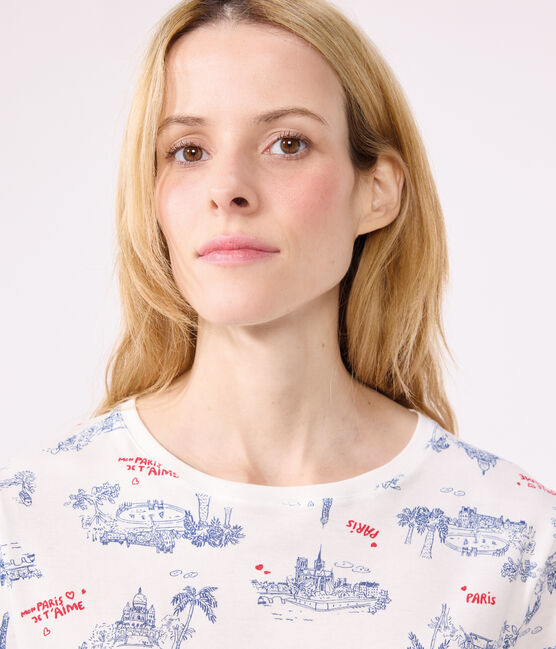 Pijama corto de algodón con estampado de París para mujer blanco MARSHMALLOW/blanco MULTICO