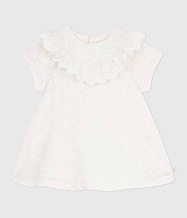 Vestido de manga corta con bordado ingl&eacute;s y estampado de corazones para beb&eacute; blanco