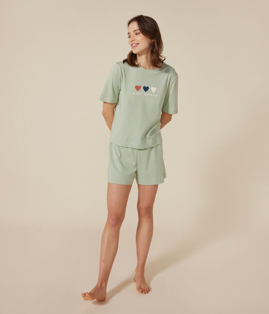 Pijama con pantalón corto y camiseta de algodón liso para mujer verde HERBIER