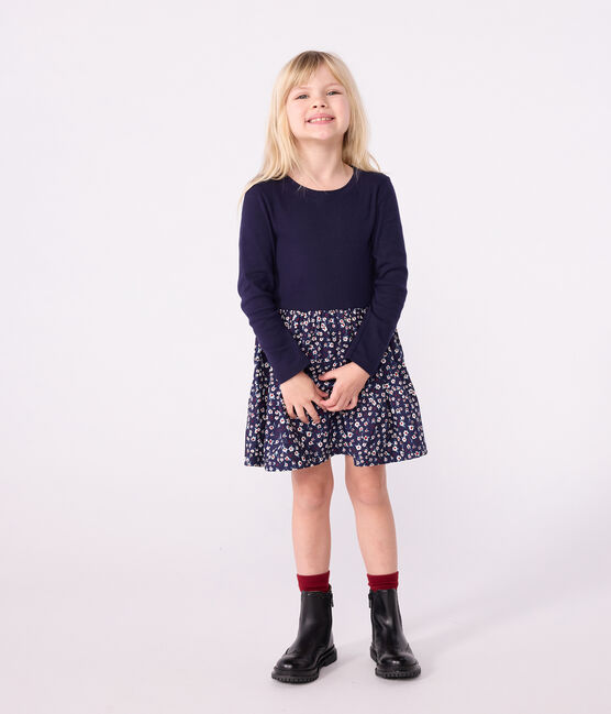 Vestido infantil de manga larga de algodón azul SOIR/ MULTICO