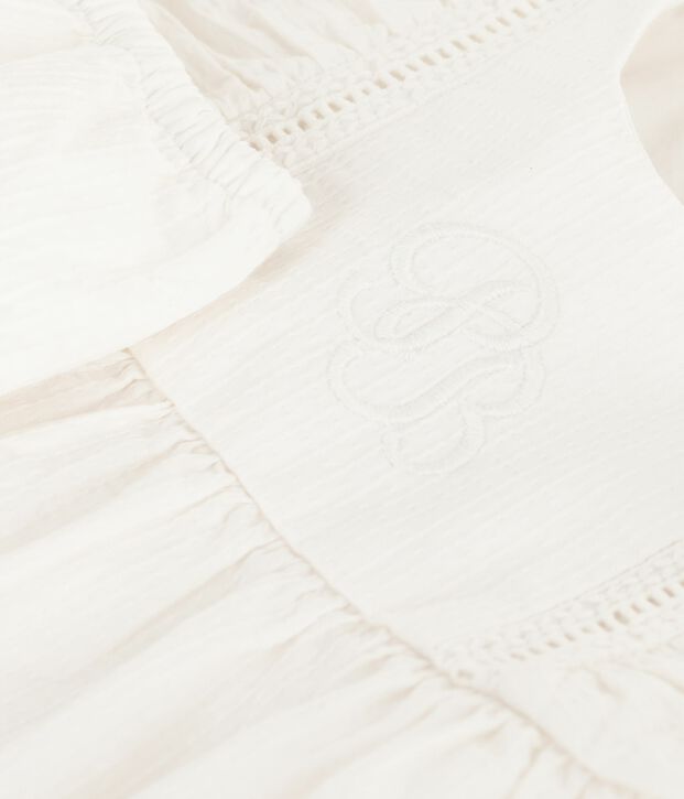 Vestido liso y bordado de algod&oacute;n sin mangas y pololo para beb&eacute; blanco