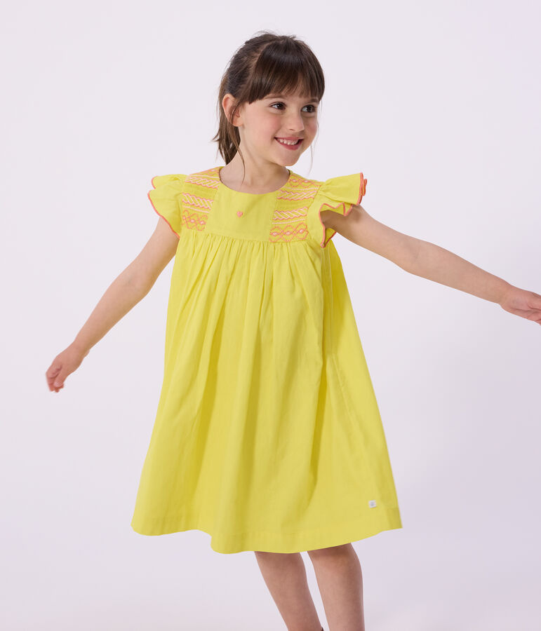 Vestido infantil de algod&oacute;n de manga corta amarillo