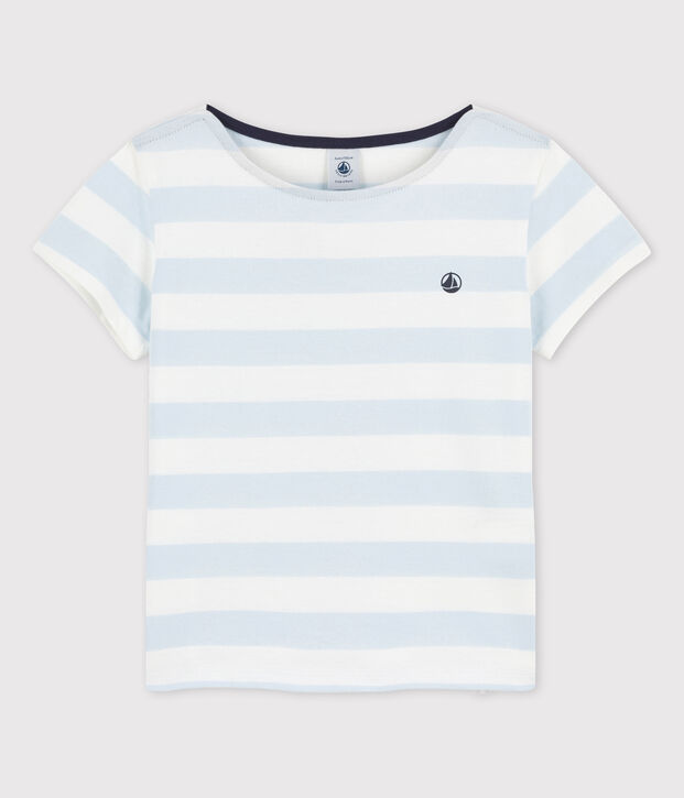 Camiseta de algod&oacute;n de manga corta para ni&ntilde;a azul/blanco