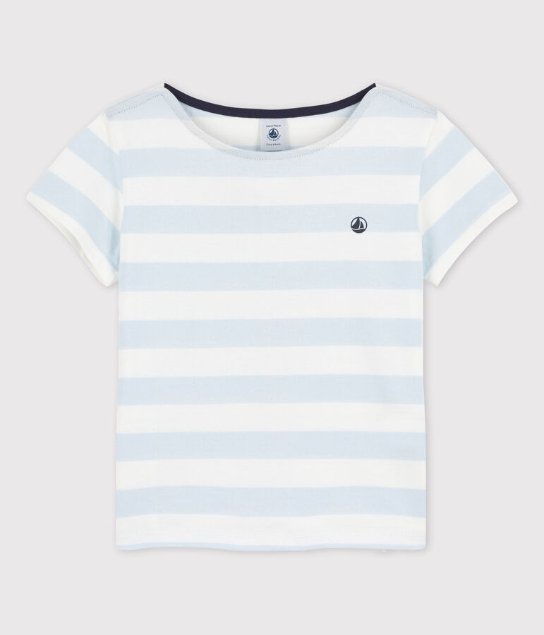 Camiseta de algod&oacute;n de manga corta para ni&ntilde;a azul/blanco