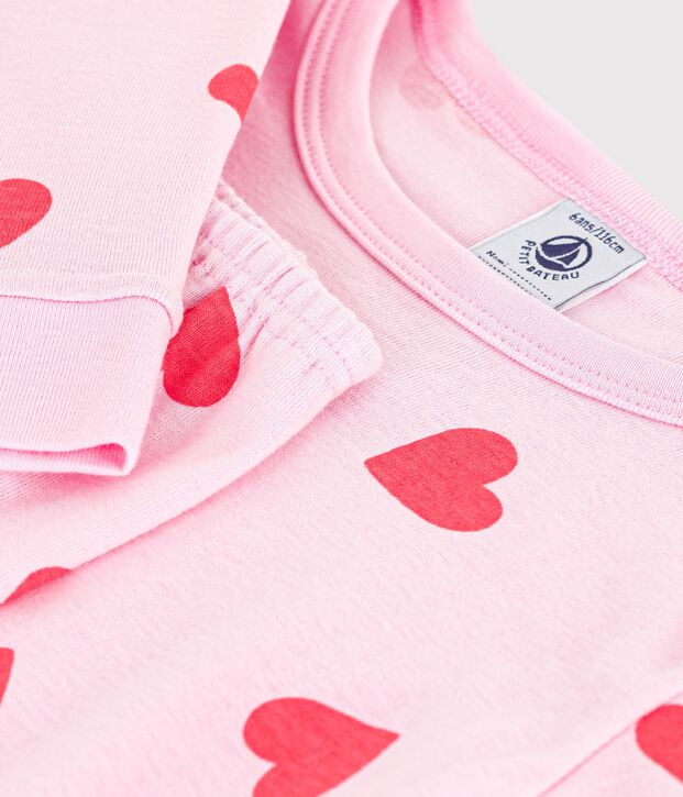 Pijama infantil muy ajustado de algod&oacute;n con estampado de corazones rosa/naranja