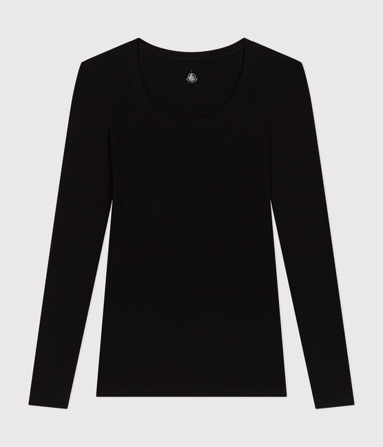Camiseta de algodón de manga larga con cuello de bailarina para mujer   negro BLACK