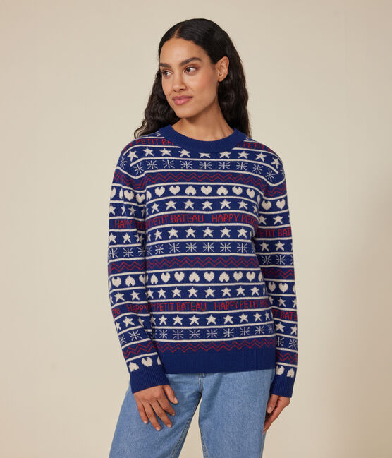 Jersey jacquard de lana y algodón para mujer azul MEDIEVAL/blanco MULTICO