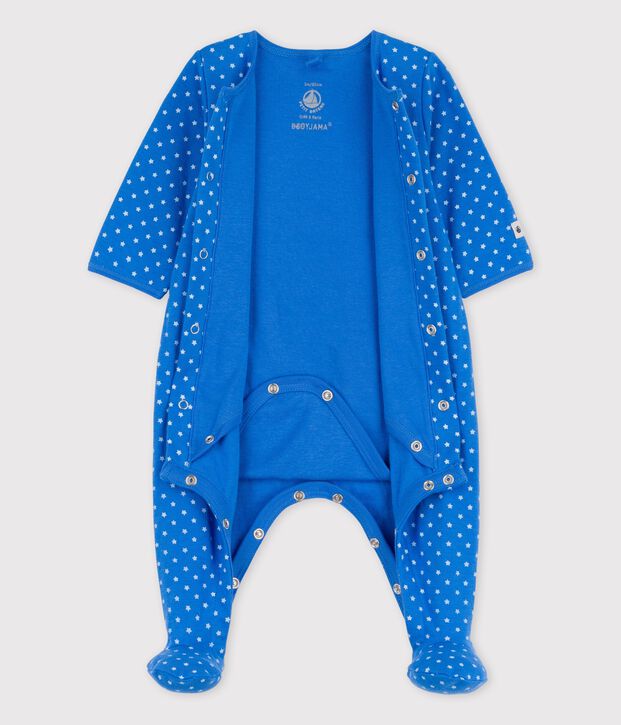 Bodyjama de algod&oacute;n org&aacute;nico de beb&eacute; azul/blanco