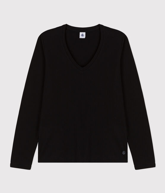 Camiseta LA RECTA de algodón con cuello de pico para mujer negro NOIR