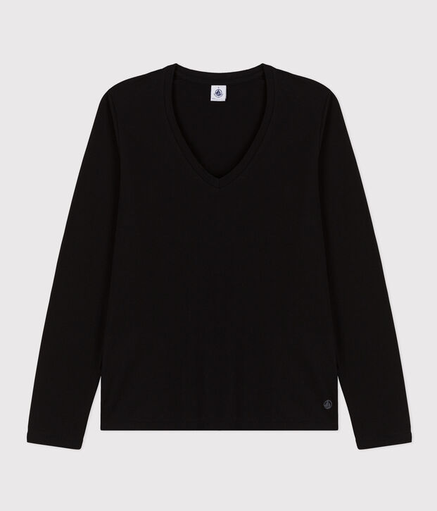 Camiseta LA RECTA de algod&oacute;n con cuello de pico para mujer negro