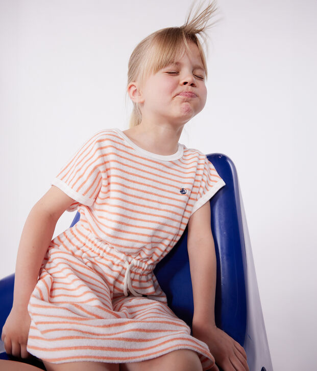 Vestido infantil de rizo de algod&oacute;n de manga corta a rayas naranja/naranja