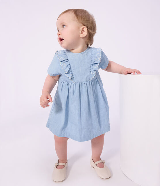 Vestido de algodón chambray de manga corta con bordado con corazones para bebé azul BLEU CLAIR
