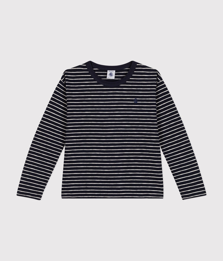 Camiseta de manga larga de punto flameado para ni&ntilde;o azul/beige