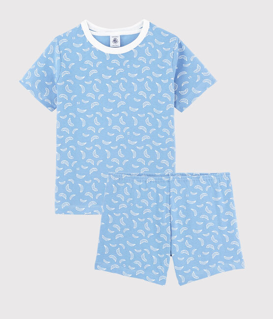 Pijama corto con estampado de plátanos de algodón de niño/niña azul EDNA/blanco MARSHMALLOW