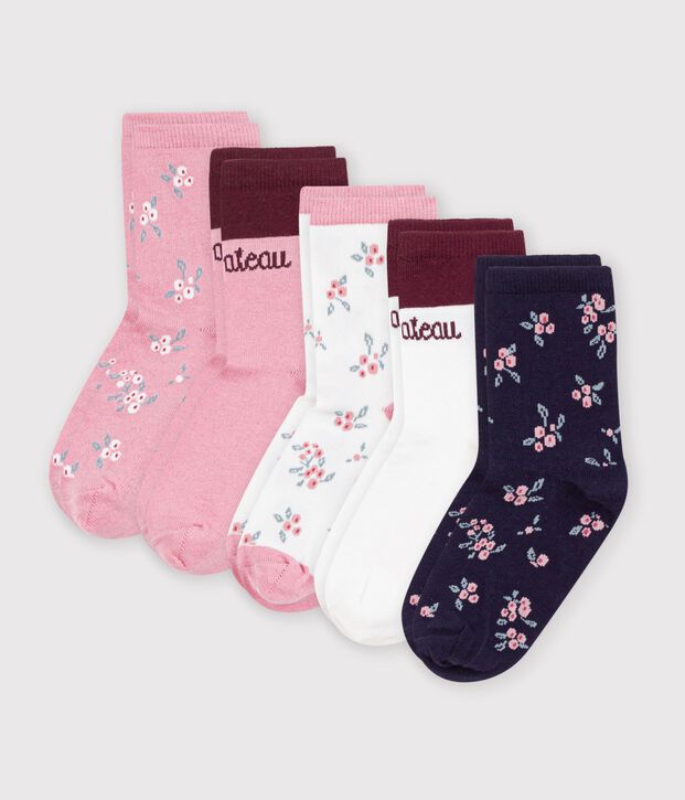 5 pares de calcetines infantiles de algod&oacute;n con estampado de flores multicolor