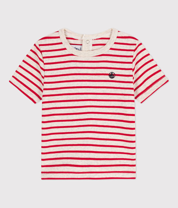 Camiseta de manga corta de algod&oacute;n a rayas para beb&eacute; beige/rojo