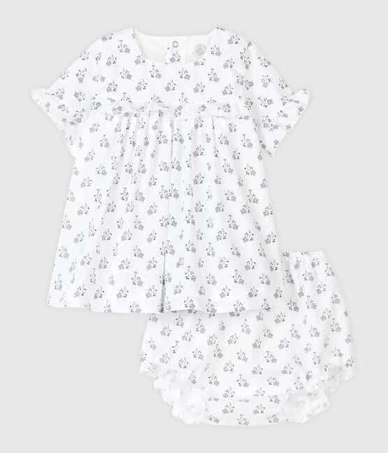 Vestido con pololo de popelina de flores para bebé niña blanco MARSHMALLOW/blanco MULTICO