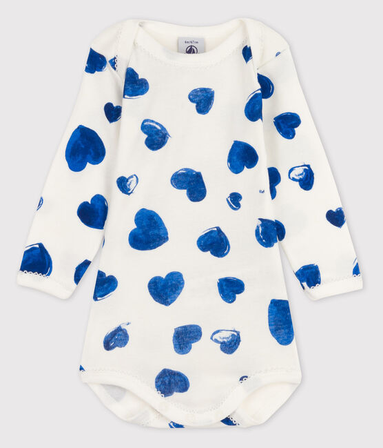 Bodi de manga larga de bebé niña blanco MARSHMALLOW/azul BLEU