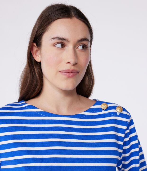 Marinera de algod&oacute;n de manga larga para mujer azul/blanco