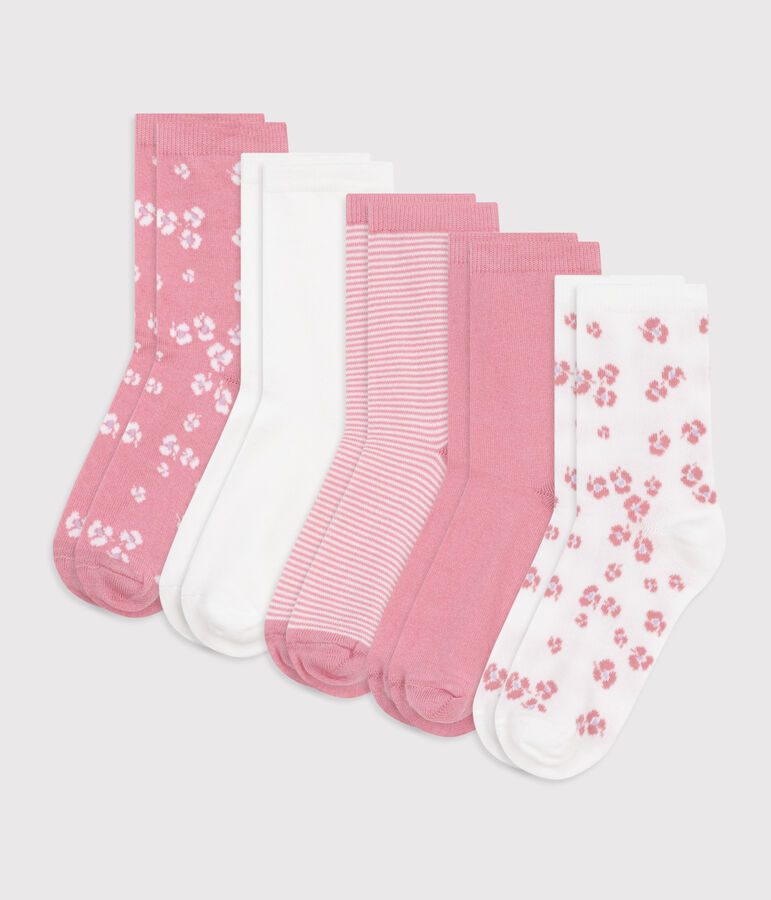 5 pares de calcetines infantiles lisos de algod&oacute;n con estampado de flores multicolor