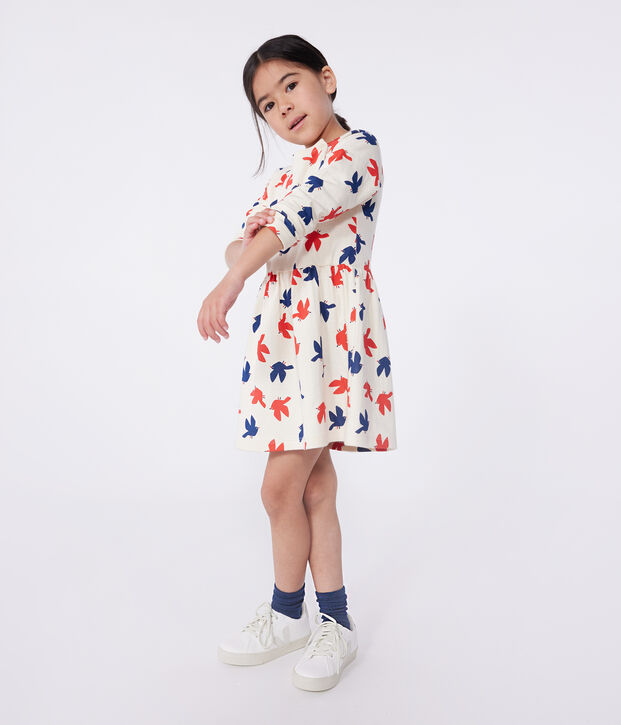 Vestido infantil de algod&oacute;n de manga larga con estampado crudo/multicolor