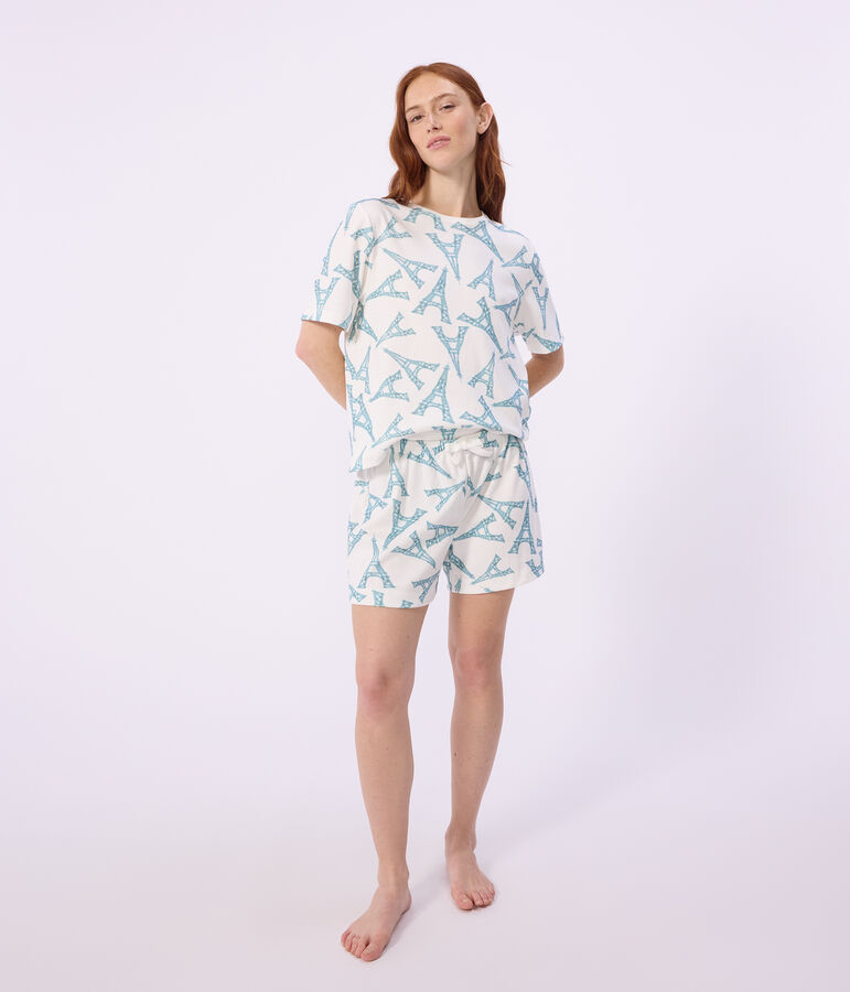 Pijama corto de algod&oacute;n con estampado de torre Eiffel para mujer blanco/multicolor