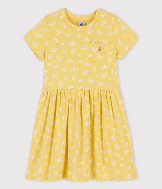 Vestido de manga corta de algodón de niña amarillo ORGE/blanco MARSHMALLOW