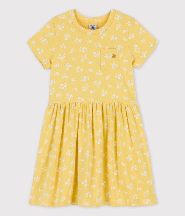 Vestido de manga corta de algod&oacute;n de ni&ntilde;a amarillo/blanco