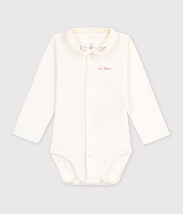 Body liso de manga larga de algod&oacute;n con cuello bordado para beb&eacute; rosa/rosa