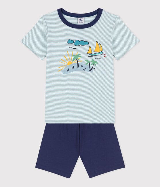 Pijama corto de algodón de explorador para niño azul CHALOUPE/blanco MULTICO
