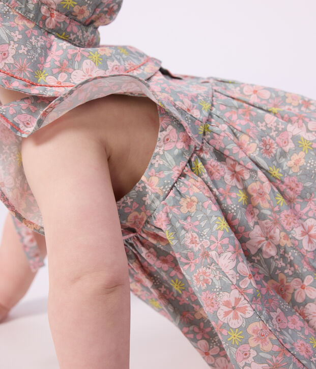 Vestido de algod&oacute;n de manga corta y pololo con estampado de flores para beb&eacute; azul/multicolor