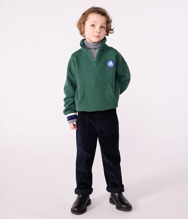 Sudadera infantil de algod&oacute;n liso con cremallera en el cuello verde