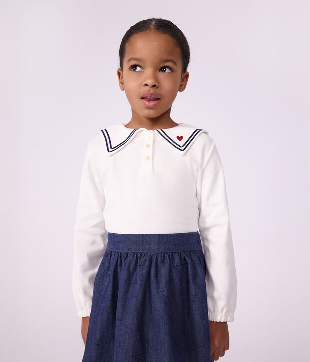 Blusa infantil lisa de manga larga de algod&oacute;n con cuello blanco