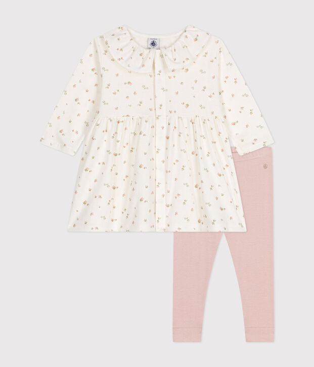 Conjunto de vestido de manga larga y leggings de algod&oacute;n para beb&eacute; blanco/multicolor