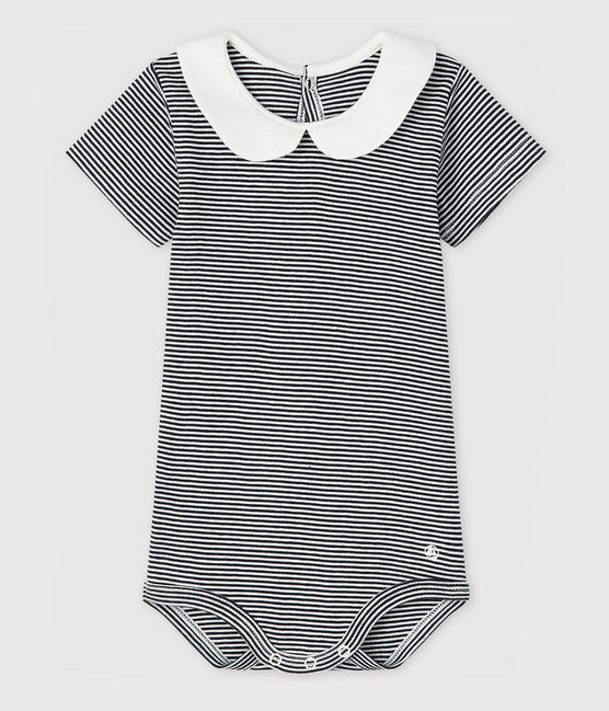 Body de cuello claudine de algodón de bebé niña azul SMOKING/blanco MARSHMALLOW