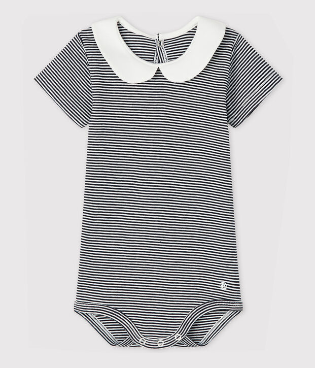 Body de cuello claudine de algod&oacute;n de beb&eacute; ni&ntilde;a azul/blanco