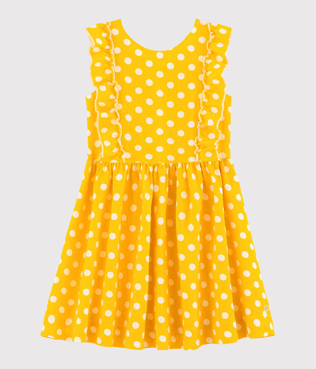 Vestido de manga corta de lino de ni&ntilde;a amarillo/blanco