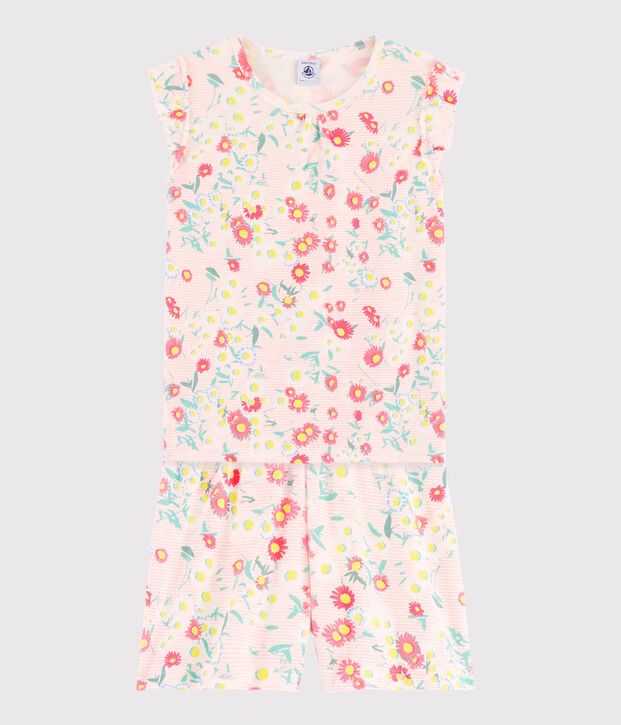 Pijama corto de flores para ni&ntilde;a de punto blanco/multicolor